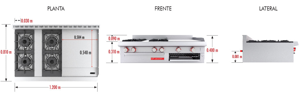 CORIAT MINICHEF DE MESA MASTER PREMIUM Estufa a gas, con 4 quemadores, 1 plancha y 1 gratinador. 18010211