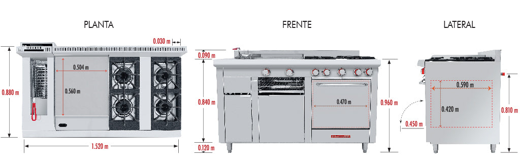 CORIAT MULTICHEF TURBO DE PISO MASTER PREMIUM Estufa a gas, con 4 quemadores, 1 plancha, 1 gratinador, 1 freidora 8 lt y 1 horno.
