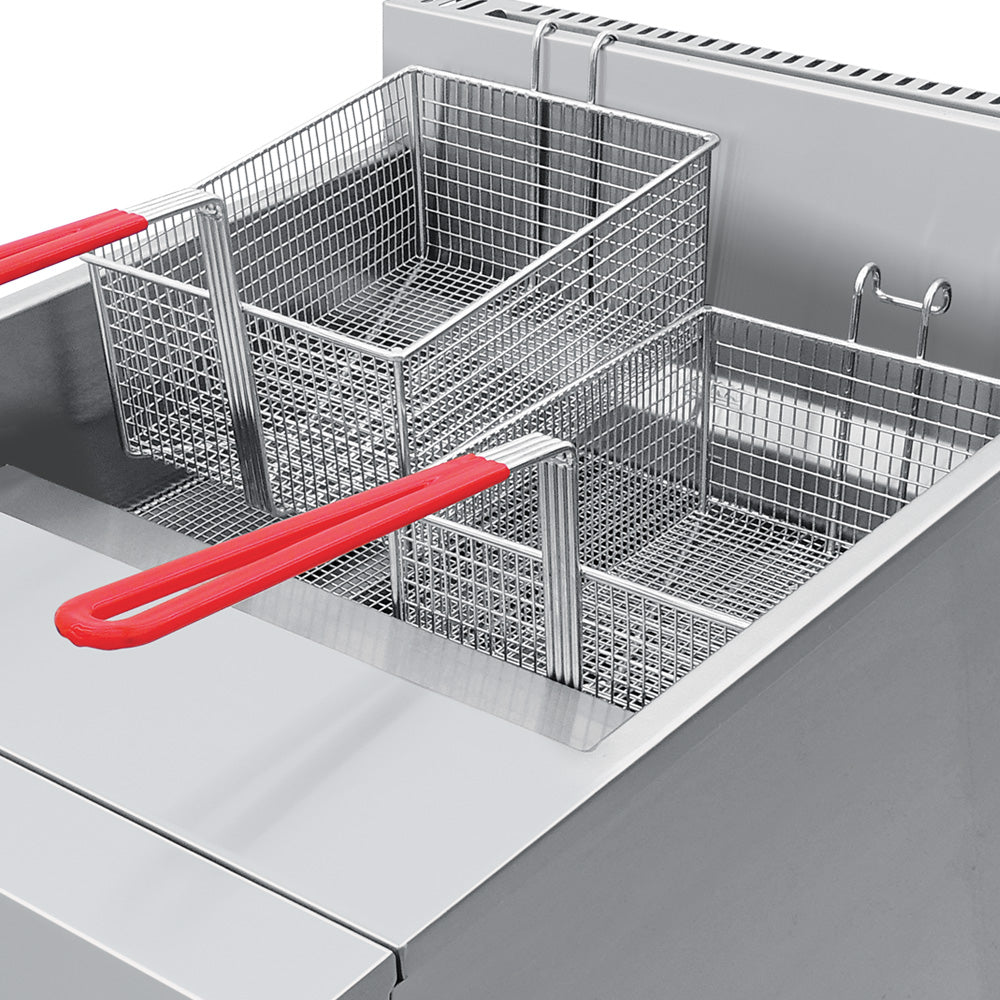 CORIAT TURBO-30-5Q DE PISO HD PREMIUM Freidora de piso, a gas, 2 canastillas, 30 litros, 5 quemadores y zona fría al fondo.