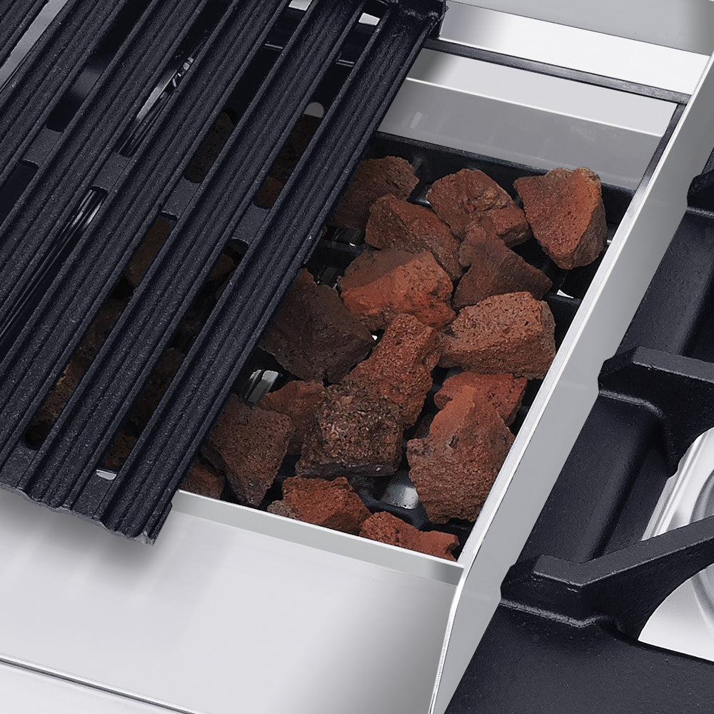 CORIAT MULTIPLE TURBO DE PISO PETIT PREMIUM Estufa a gas, con 2 quemadores, 1 plancha, 1 asador, 1 gratinador, 1 freidora de 6.5 lt y 1 horno.